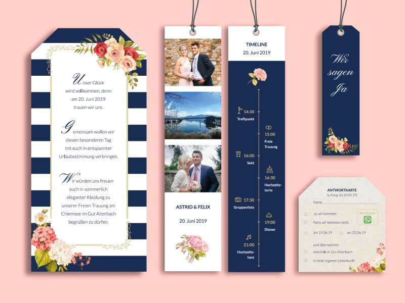 Romantische Hochzeitseinladung und dazu passende Anhänger, Blau/Weiß gestreift, mit floralen Illustrationen gestaltet