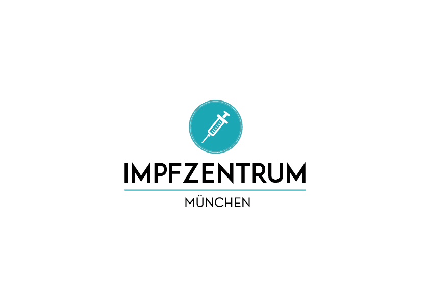Logoentwurf für ein Impfzentrum in München, schwarzer Schriftzug mit türkisem Spritzensymbol